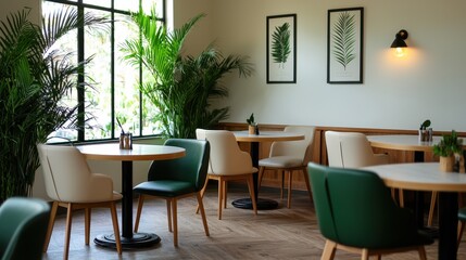 Fototapeta premium Cozy and Modern Cafe Interior with Green Plants and Minimalistic Decor for Relaxing Dining Experience