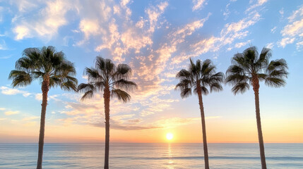 Sunset over ocean with palm trees silhouetted against colorful sky