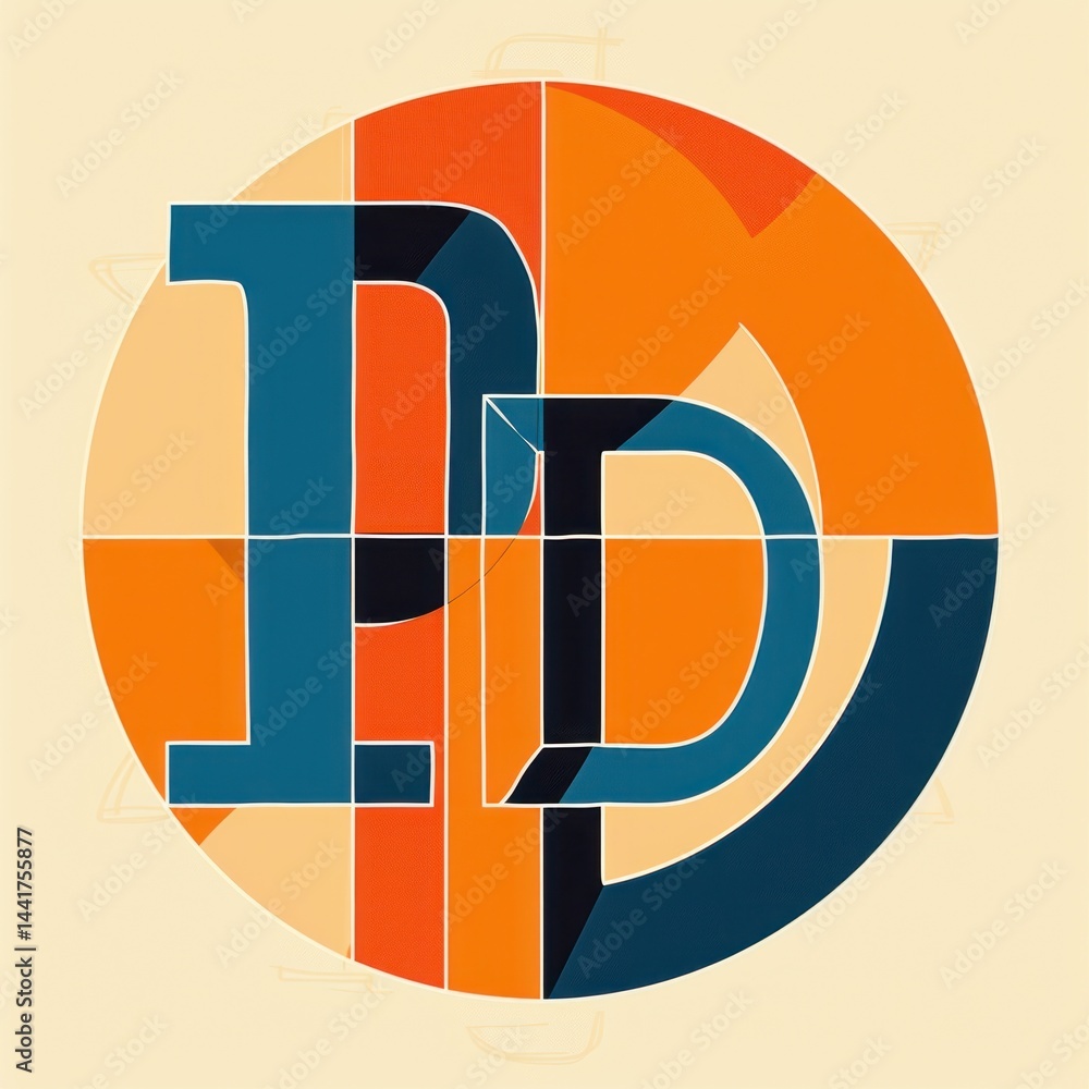Poster abstract geometric design featuring bold interlocking shapes in deep blue and bright orange tones wi