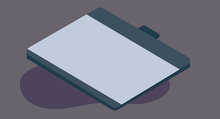 Digital painting art of an isometric design featuring a tablet pad, showcasing modern tech and artistic creation, with a stylized angle and vibrant colors in a clean and detailed digital style.
