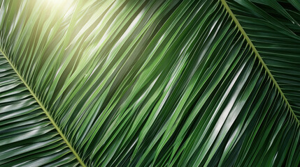 Fototapeta premium Lush green palm leaves create vibrant tropical atmosphere, illuminated by soft golden light