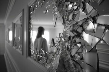 Shattered Mirror in Hallway Reflecting Blurred Figure in Distance Creates Drama and Mystery in Monochrome