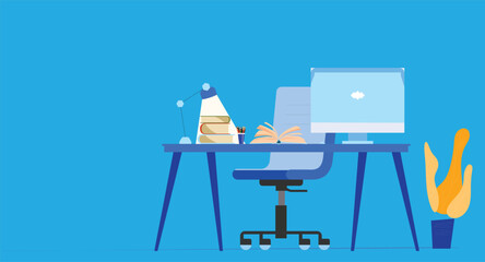 Flat design illustration of an office desk setup with a laptop, ergonomic chair, and a side lamp, creating a clean, modern workspace ideal for productivity, remote work, or study.