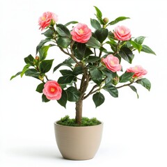 Pink Camellia Bonsai Tree in Beige Pot on White Background