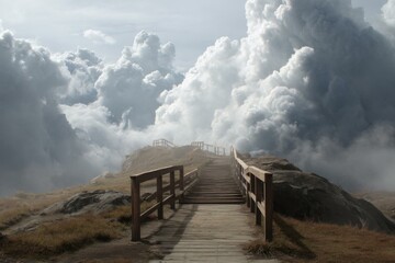 Fototapeta premium Wooden staircase leads toward dramatic cloudscape, offering a serene uphill pathway through misty terrain and promising majestic views