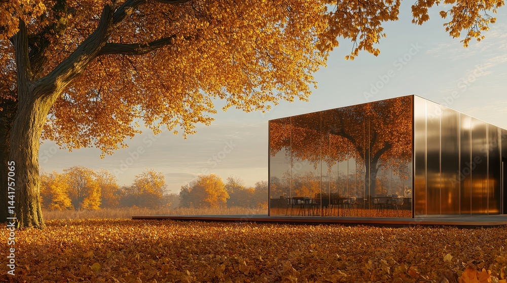Aufkleber autumnal reflection of a modern structure in a park setting.
