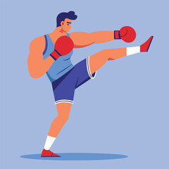man boxing. male fighter in boxing gloves practices kick, punching and hitting. Strong  athlete at sports training or workout. Flat vector illustration isolated on background