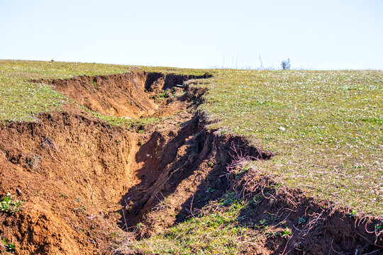 Fault line seen on the ground surface in Istanbul. Earthquake science. The land was divided into two. Ground motion idea concept. 