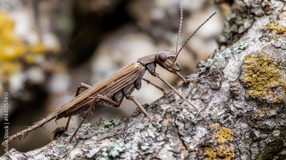 Poster a stick insect camouflaging on a tree branch in nature close-up photography serene environment