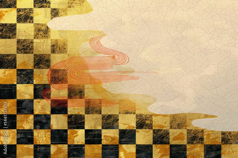 Poster Abstract golden and black checkerboard pattern blending into beige background with curved red lines and textured irregular shapes, evoking a sense of dynamic flow and contrast