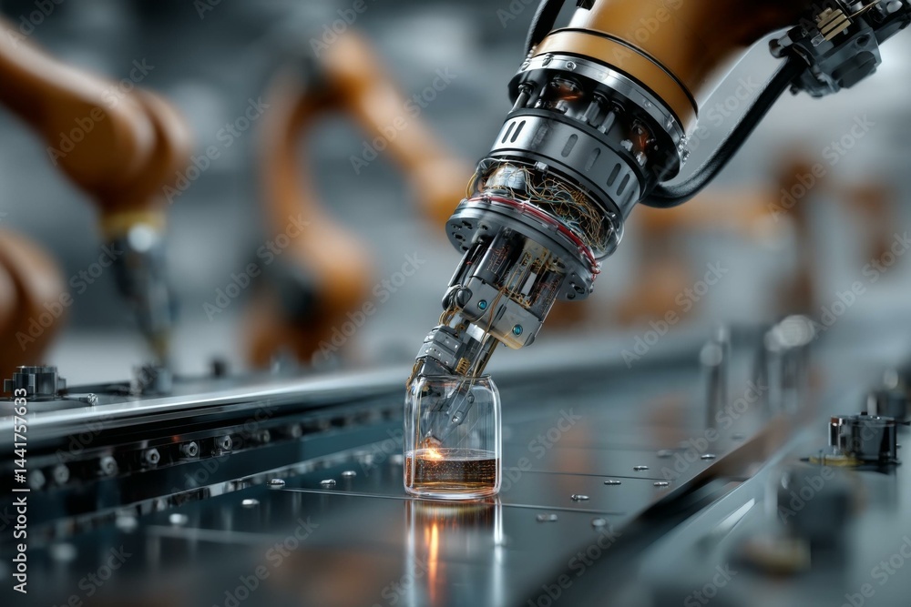 Poster automated robotic arm filling liquid into glass on assembly line in factory setting for production o