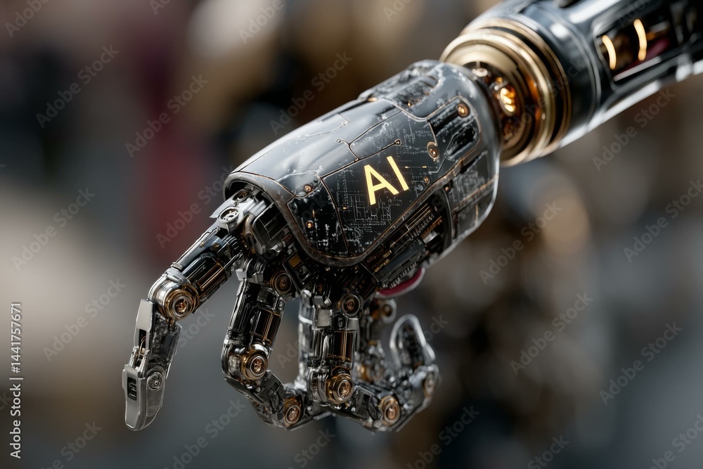 Aufkleber robotic hand with the letters ai glowing on surface pointing downward, futuristic metallic construct