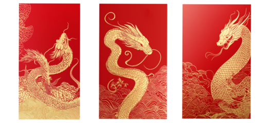 Red envelope with golden dragon and intricate details coiled among clouds on red background, symbolizing power and prosperity of Chinese New Year