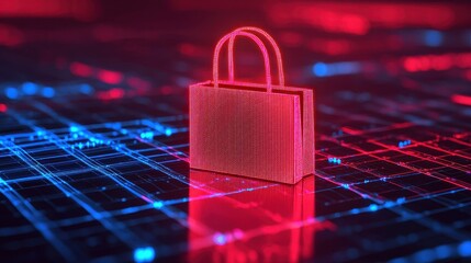 Futuristic Shopping Bag Icon in Neon Lighting Over a Digital Grid Background for E-commerce Concept