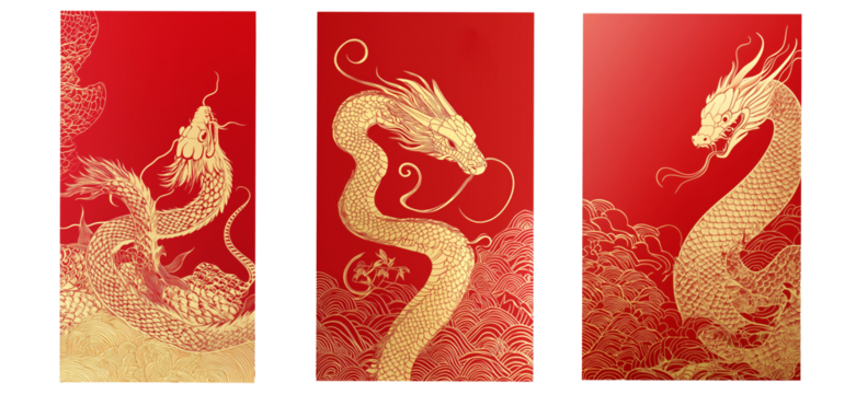 Red envelope with golden dragon and intricate details coiled among clouds on red background, symbolizing power and prosperity of Chinese New Year