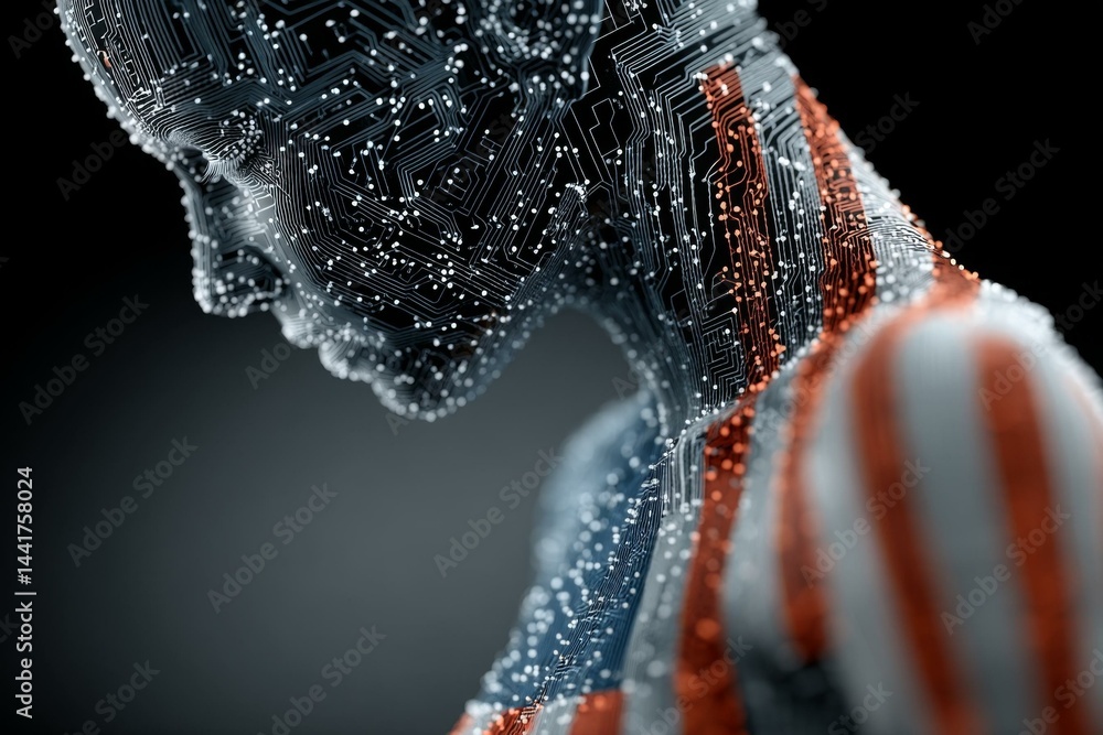 Poster detailed circuit board humanoid figure showing electronic system and complex networks with data proc