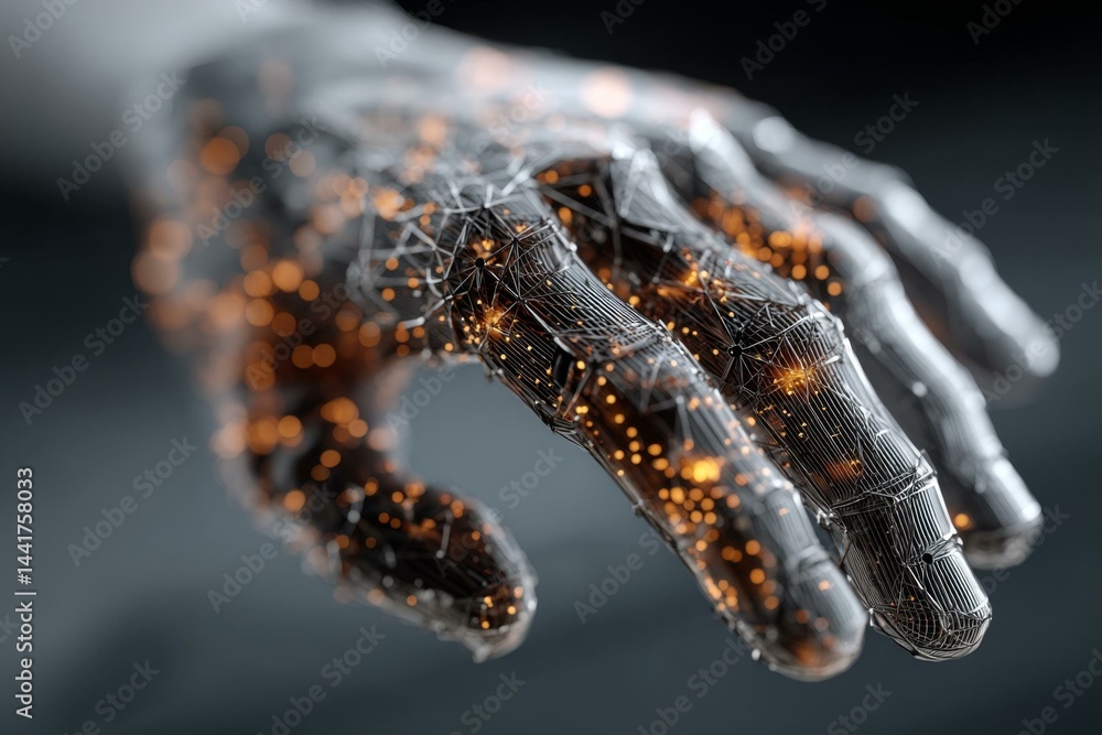 Poster detailed view of robotic arm with intricate wireframe structure and glowing light particles, futuris
