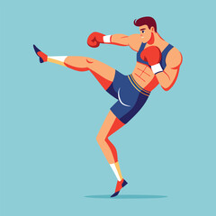 man boxing. male fighter in boxing gloves practices kick, punching and hitting. Strong  athlete at sports training or workout. Flat vector illustration isolated on background