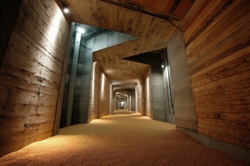 Long interior corridor with concrete and wood walls filled with granular material reaching far into the distance, lights illuminating.