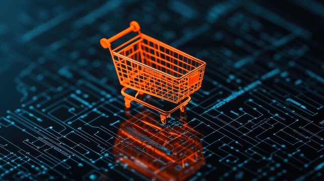 Digital Shopping Cart on Circuit Board Background Representing E-Commerce and Online Retail Technology