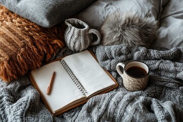 Cozy gray knitted blanket with open notebook, pen, cup of coffee, and warm pillows on bed creates inviting morning scene.
