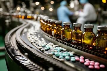 Amber bottles and colorful pills moving on conveyor belt in pharmaceutical factory, healthcare manufacture, science industry