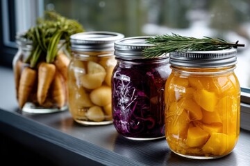 A collection of beautifully arranged jars filled with colorful preserved vegetables, showcasing nature's bounty and the art of canning, ideal for healthy lifestyles.