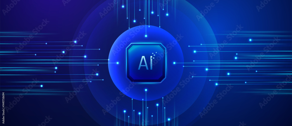 Poster glowing ai symbol with flowing digital data