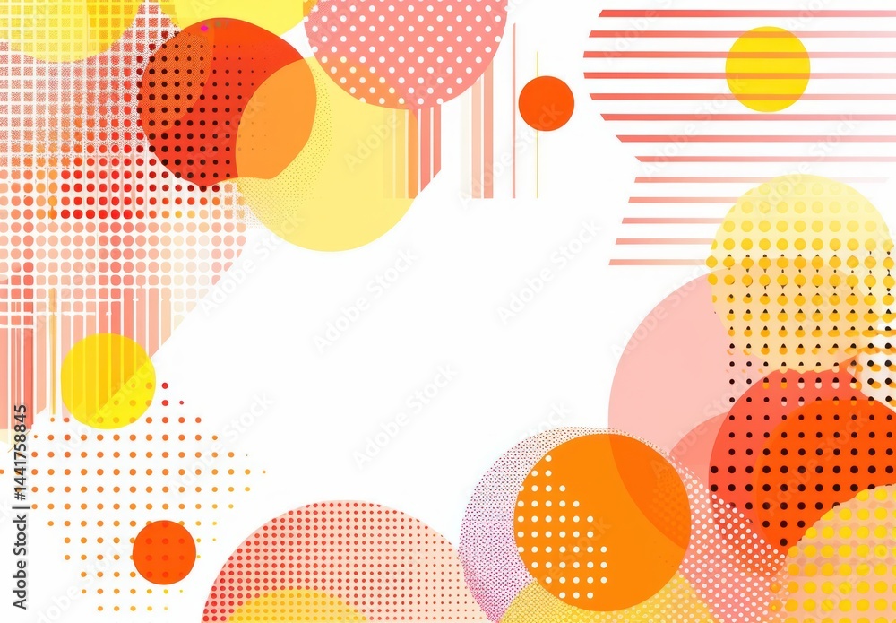 Poster abstract composition of overlapping circles and dots in warm colors including orange, red, yellow, a