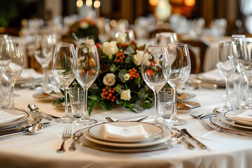 Beautifully organized event - round served table banquet ready for guests, round decorated table with empty plate, glasses, forks, napkin. Elegant