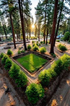  Una zona ajardinada en el bosque presenta un dise&ntilde;o geom&eacute;trico con caminos de tierra y setos de con&iacute;feras que rodean un c&eacute;sped central. El sol se filtra entre los altos &aacute;rboles de pino.

