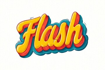 Stylized word 'Flash' in a vibrant hand-drawn typography with dynamic yellow, red, and teal tones, creating a cheerful and energetic mood on a white background, evocative of vintage design.