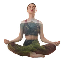 Young woman meditating during yoga practice on white background, double exposure with mountain...