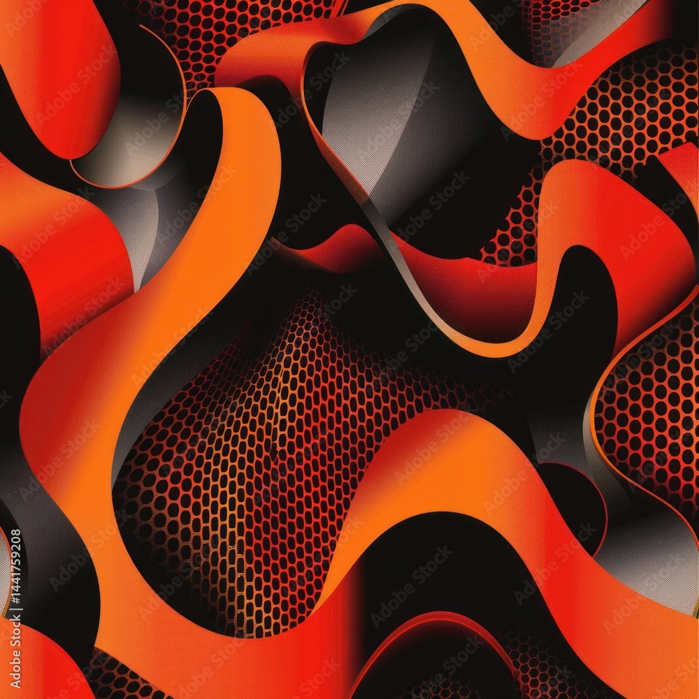 Poster dynamic abstract composition with flowing red and black ribbons over hexagonal mesh pattern creating a sense of movement and depth