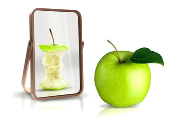 Whole apple reflecting in mirror as almost eaten, white background. Opposite, contrast, difference