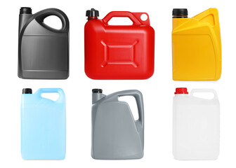Different plastic canisters isolated on white, collage
