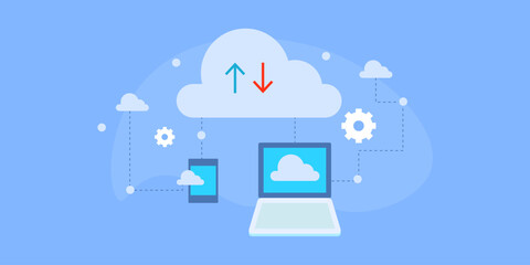 Laptop and mobile device connected with cloud computing system.