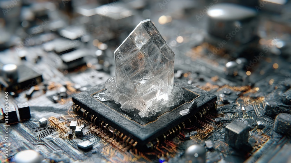 Poster Crystal embedded on a computer chip demonstrating the integration of nature and technology in modern electronics