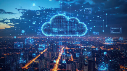 Fototapeta premium In the digital realm, where innovation converges, a cloud-managed network hums with data, powered by AI and firewall security, safeguarding against cyber threats. AI art, a creative force born 