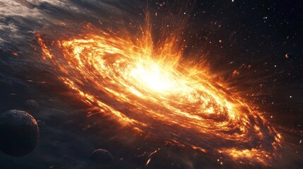Exploding Galactic Core with Fiery Spiral in Deep Space