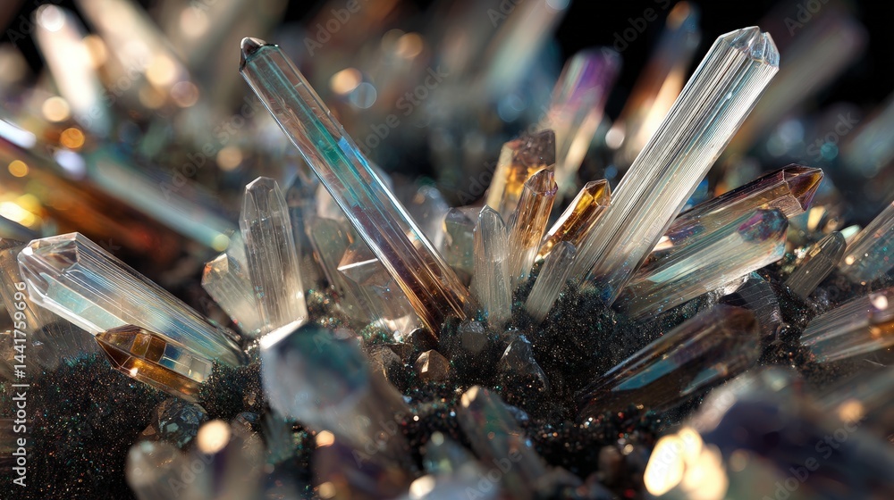 Poster a stunning display of crystals emphasizing their natural beauty and cybernetic elements in a realist