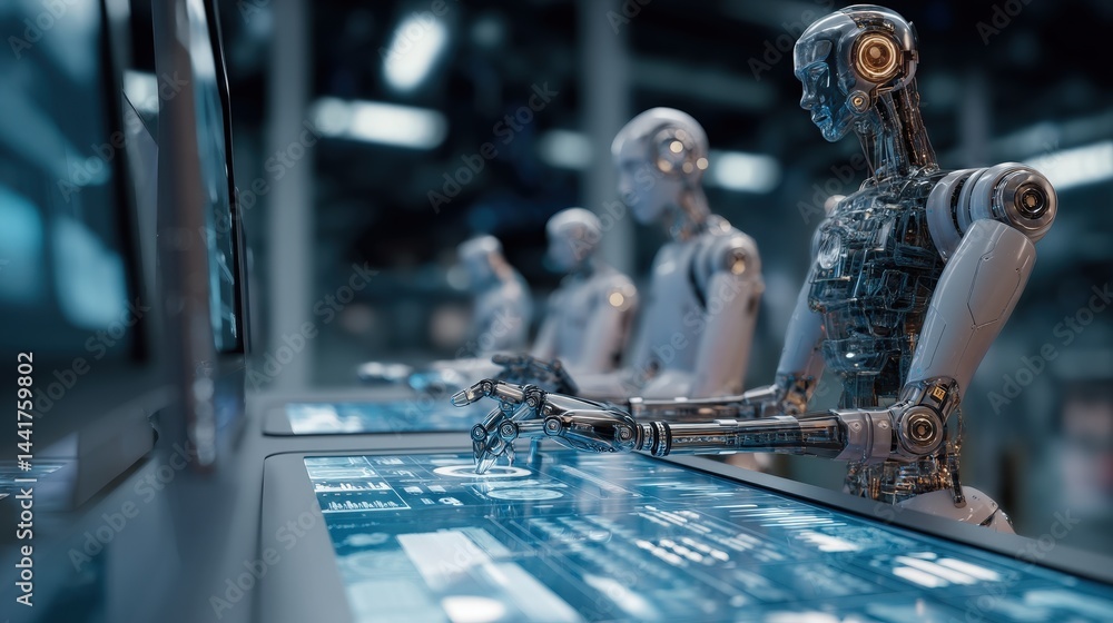 Aufkleber a robot seated on a table indicating the role of ai in a modern work environment and human collabora