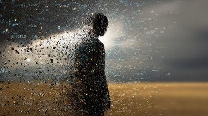 Obraz premium A man standing before a series of numbers symbolizing job loss and displacement in a conceptual visual narrative