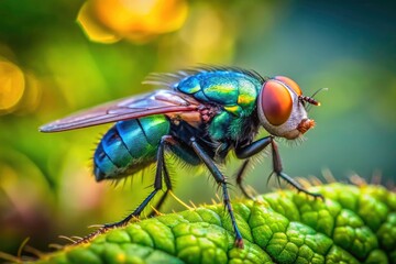 Naklejka premium Bokeh Backyard Photography: Green Leaf Macro, Calliphora Vomitoria Fly, Shallow Depth of Field