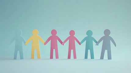 Colorful Paper Cutout People Holding Hands on Light Blue Gradient Background