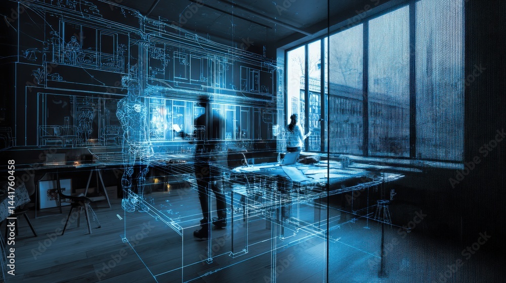 Poster Individual working in a room representing collaborative innovation with ai technology in a modern business setting