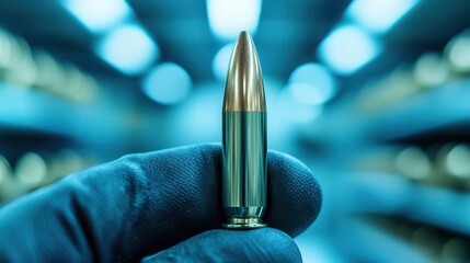 Close-Up View of a Single Bullet in a Gloved Hand in a Modern Ammunition Storage Facility
