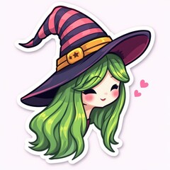 Pastel sticker of a sweet witch with a striped hat.
