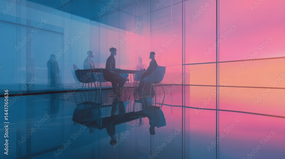 Poster business meeting with a man and woman strategizing at a table alongside a futuristic ai assistant in