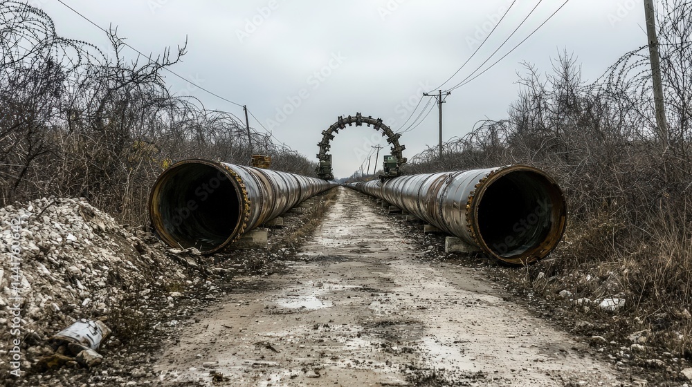 Poster urban infrastructure ground-level photography of a massive pipeline transporting resources